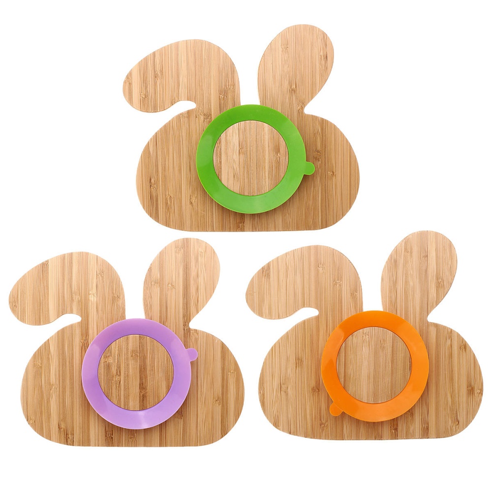 Baby Toddler Suction Plate Stay Put Feeding Plate Natural Bamboo Rabbit Shape Kids Bowl - Green - Image 2