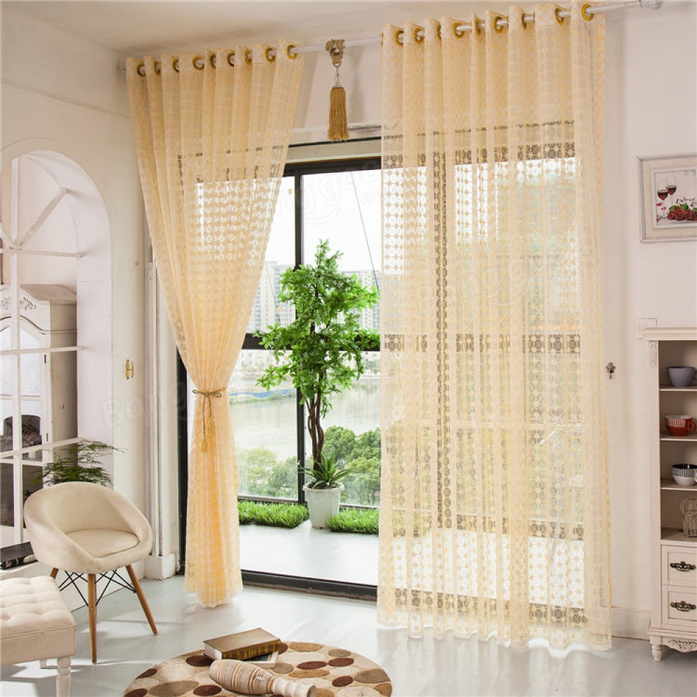 2 Panel Champagne Window Screening Hollow Out Bedroom Balcony Sheer Tulle Curtains - W40 x L84Inch - Image 2