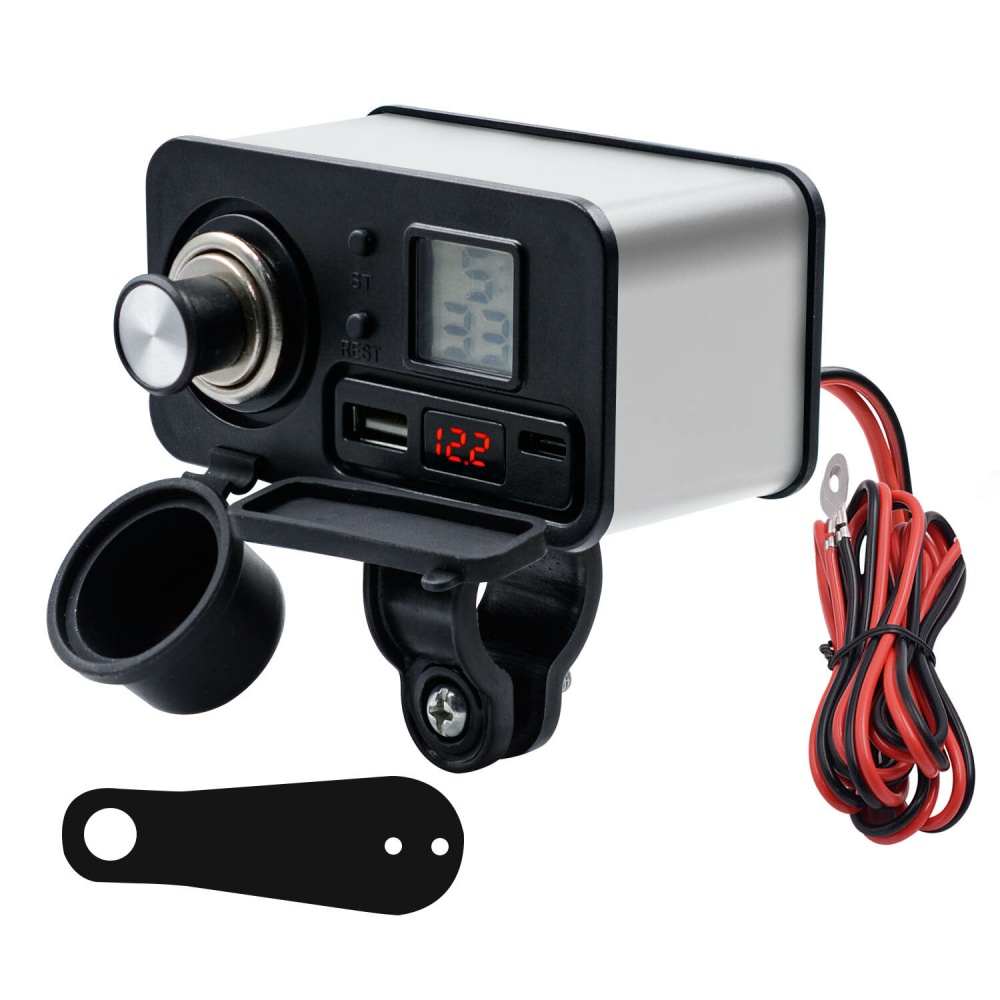 QC3.0 Type-C PD Fast 3A USB Charger Digital Display Clock Voltmeter With Cigarettes Lighter Waterproof Hanlebar Mirror Holder Aluminum Alloy For Moto
