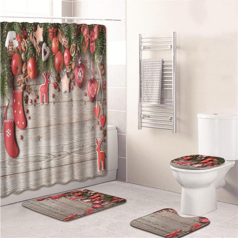 3PCS Bathroom Bath Mat Set Toilet Seat Cover Waterproof Bathroom Shower Curtain Chrismas Print - 3# A - Image 2