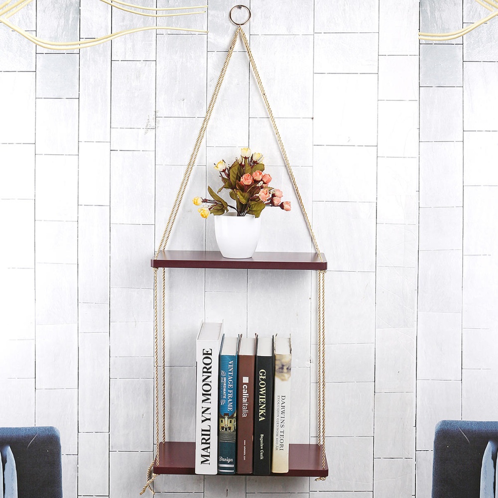 35cm/45cm 2 Layers Solid Wood Rope Hanging Wall Shelf Vintage Floating Storage Rack Wall Mount Bookshelf Home Decorations - 35cm Black - Image 2