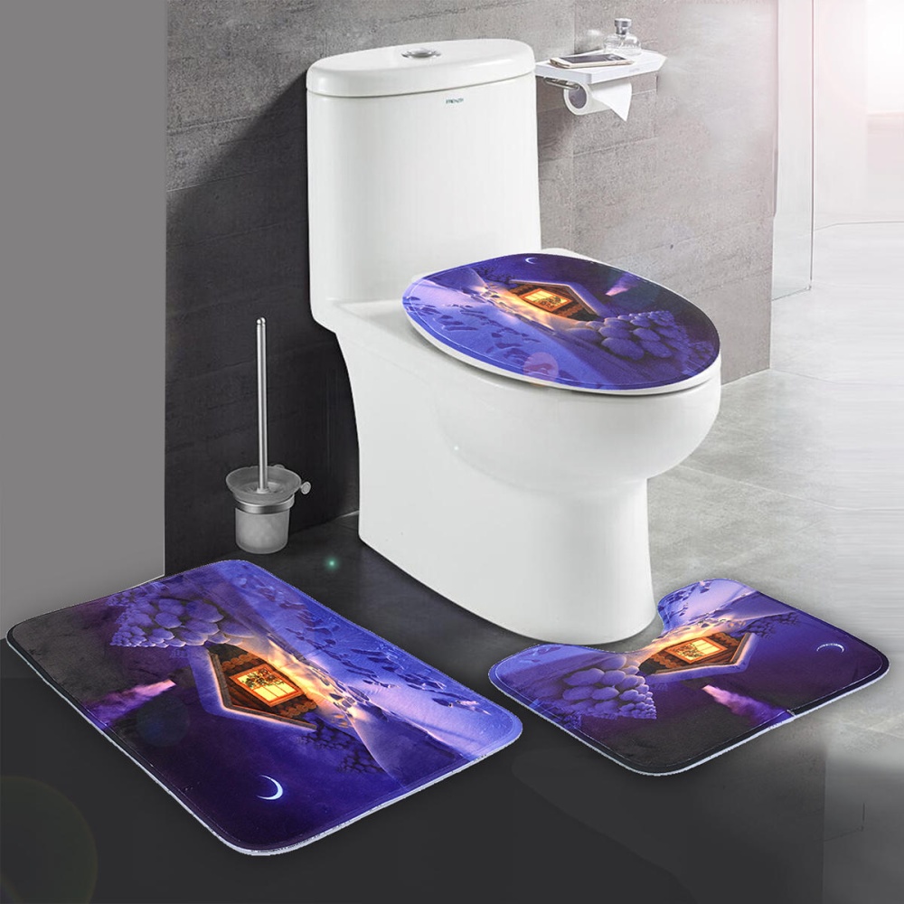 3Pcs Bathroom Set Flannel Carpet  Toilet Non-slip Rug Lid Pedestal Mat - Image 2