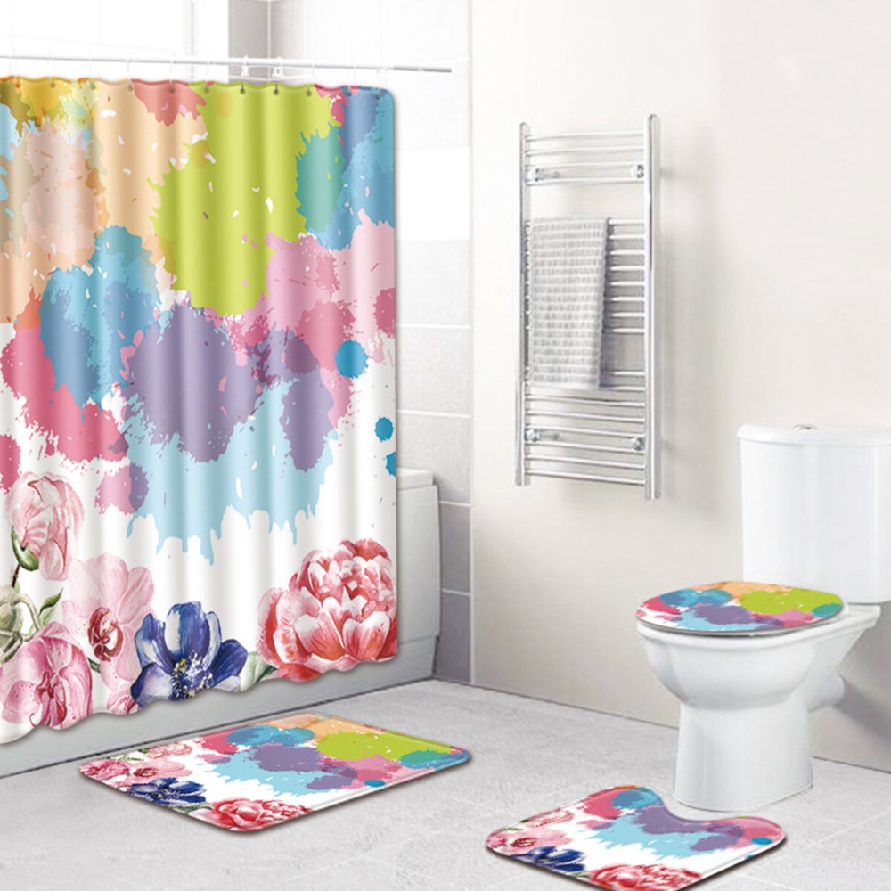 4pcs Flower Bathroom Set Non-Slip Rug Lid Toilet Cover Bath Mat Shower Curtains - D014 - Image 2