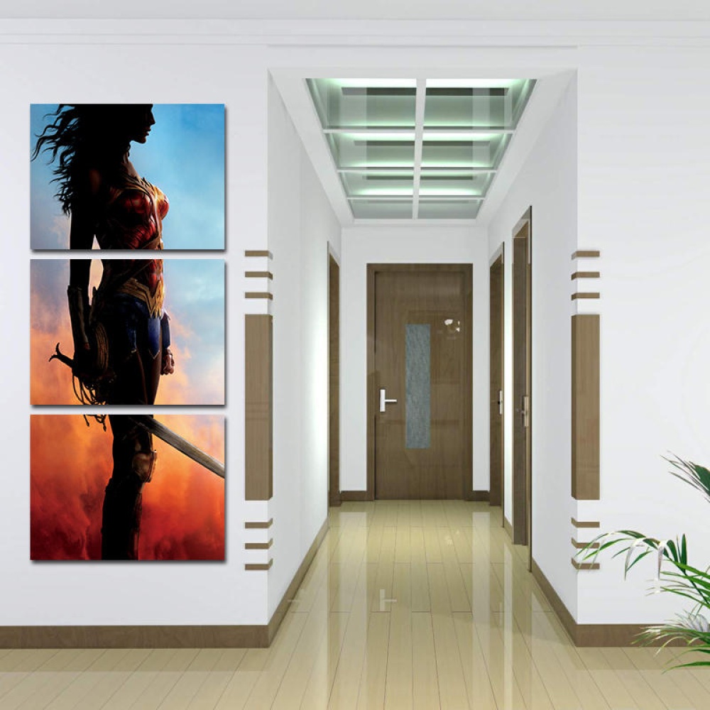 Miico Hand Painted Three Combination Decorative Paintings Wonder Woman Wall Art For Home Decoration - Image 2