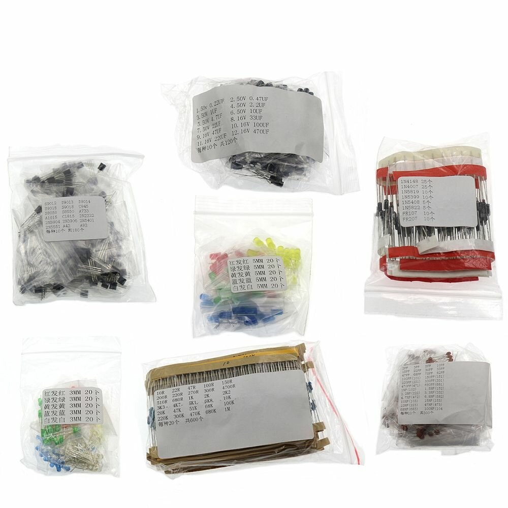 AOQDQDQD® Super Electronic Component Aluminum Electrolytic Capacitor Kit+Diode Kit+LED 3MM 5MM Kit+Transistor Kit+Metal Film Resistor Kit