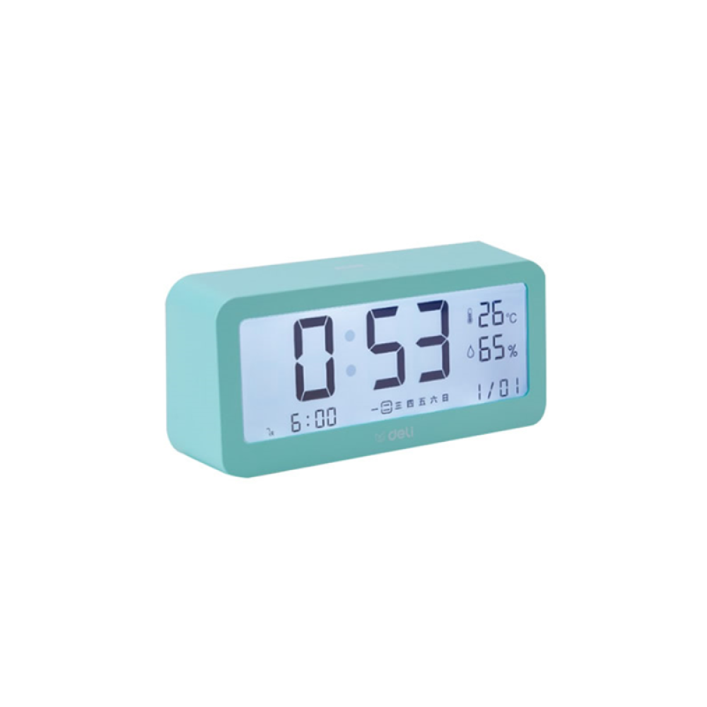 DELI LCD Smart Home Clock Silent Sleeping Voice Report Smart Clock Humidity Temperature Charging Three Sets Of Alarm - White - Image 2