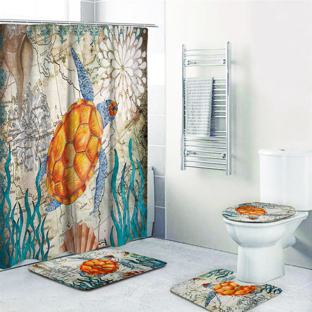 4PCS Sea Turtle Printing Bathroom Shower Curtain Toilet Cover Mat Non-Slip Rug Set - 3pcs - Image 2