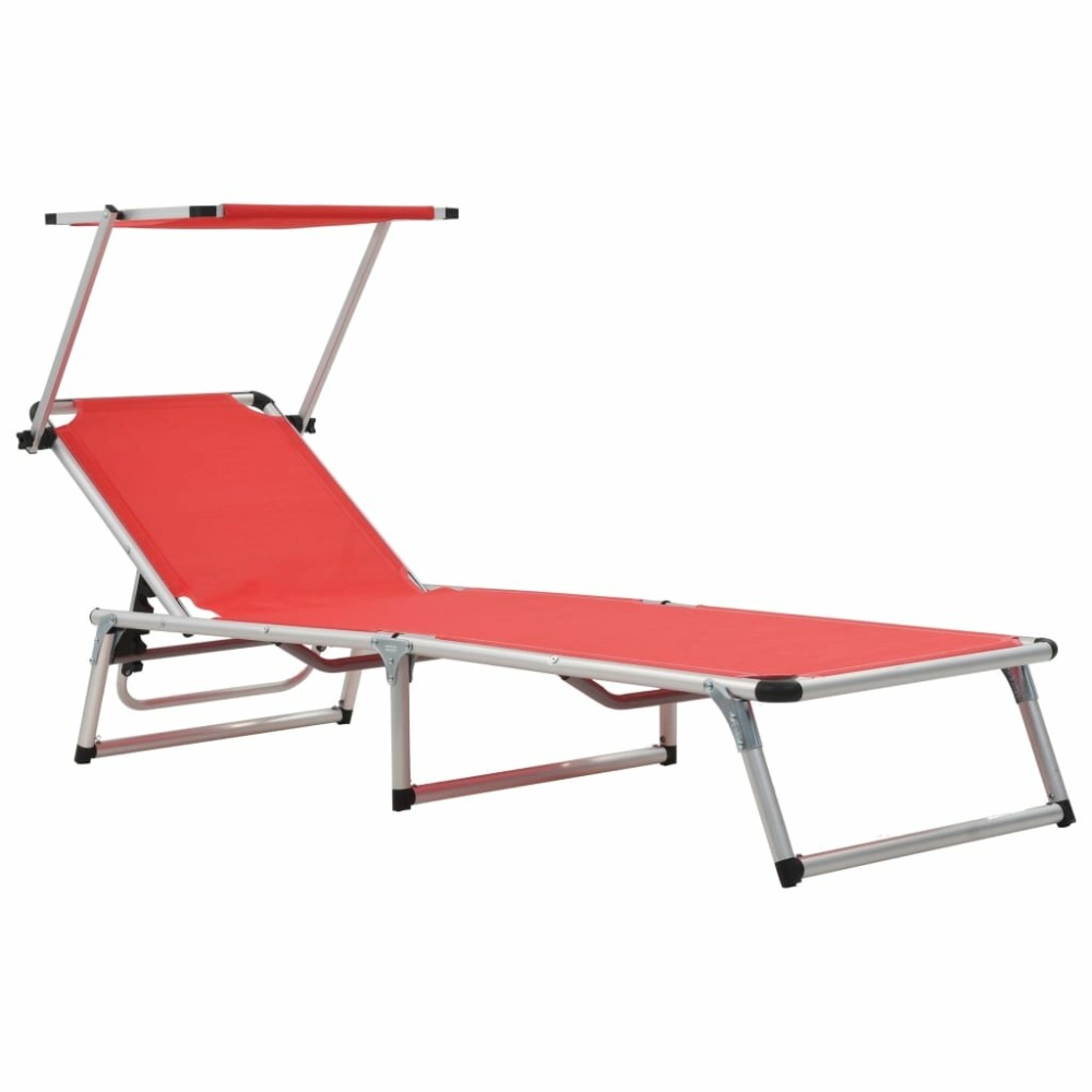 Folding Sun Lounger with Roof Aluminium and Textilene Red - Image 2