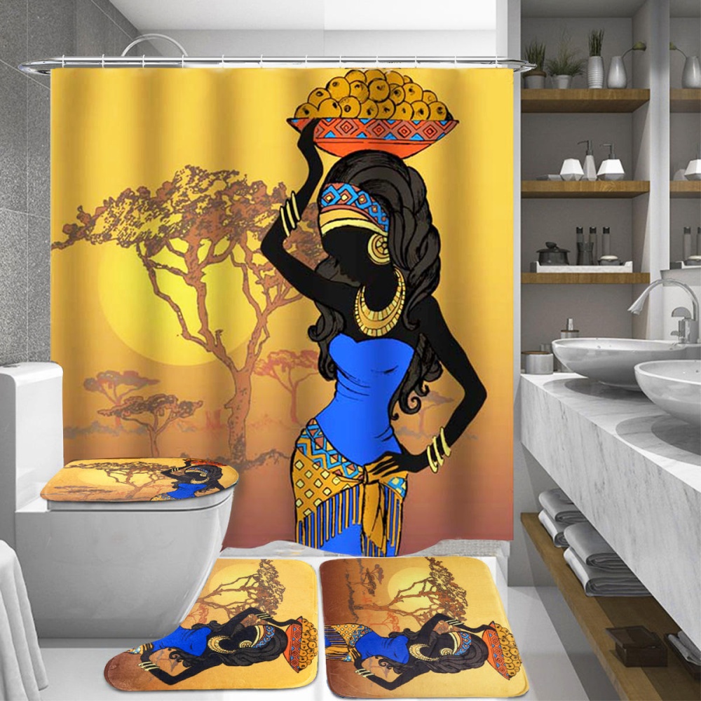 Exotic African Girls Bathroom Shower Curtain Toilet Cover Mat Non Slip Rug - 1 - Image 2