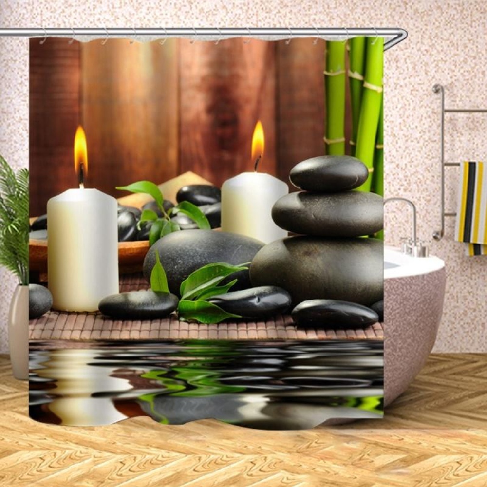 180x180CM Waterproof Bathroom Bamboo Stone Candle Shower Curtain Toilet Cover Mat Non-Slip Rug Set - #1 - Image 2