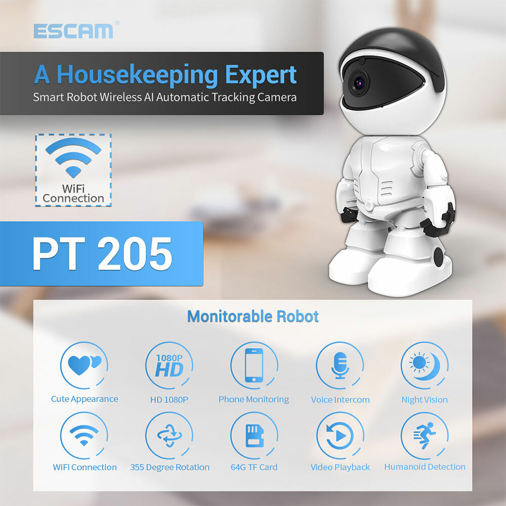 ESCAM PT205 1080P Robot IP Camera Security Camera 360 ° WiFi Wireless 2MP CCTV Camera Smart Home Video Surveillance P2P Hidden Baby Monitor - White U