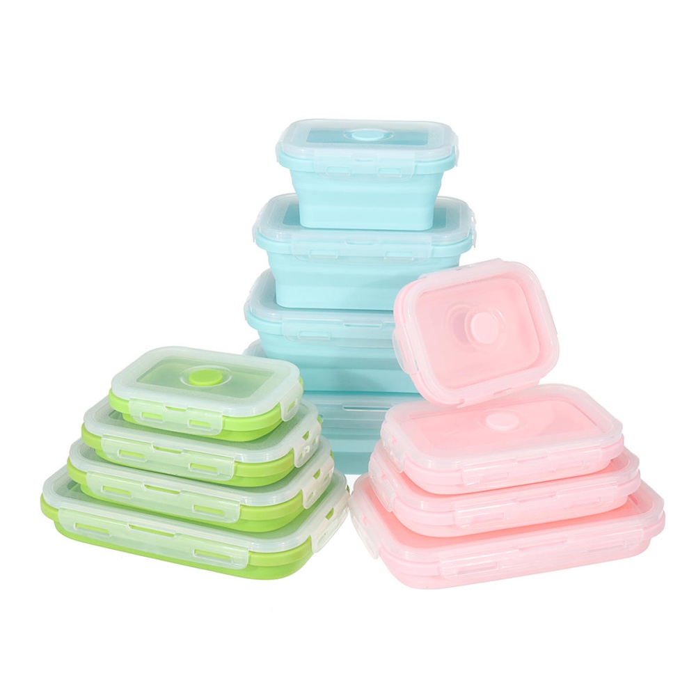 4 Pcs Set Folding Containers Silicone Food Storage Microwave Fridge Lunch Box - Pink - Image 2