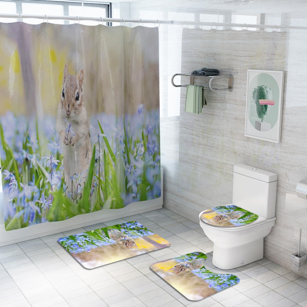 Honana 4PCS Bathroom Waterproof Shower Curtain Animal Rabbit Pattern Toilet Seat Cover Pedestal Rug Bath Mat Bathroom Decor - #3