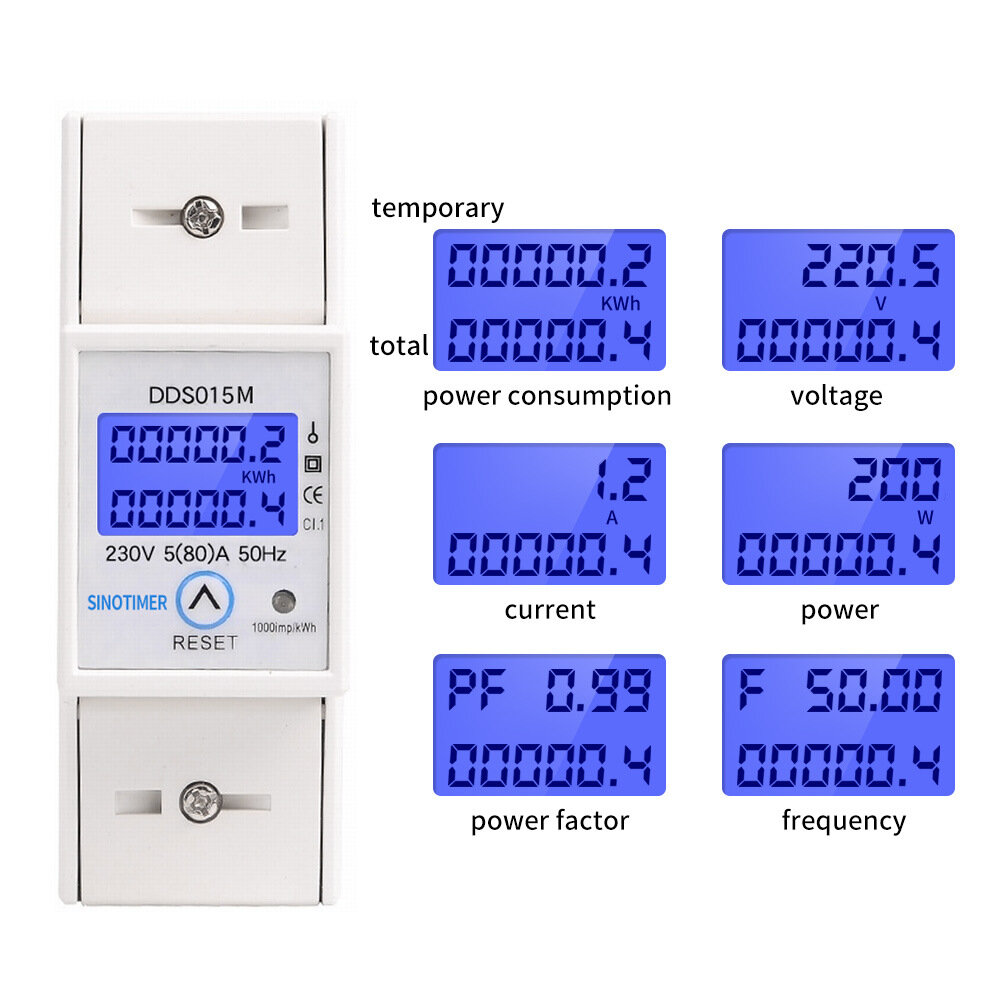SINOTIMER DDS015M 5-80A 230V Reset and Reset Backlight Display Single-phase Household Rail Multi-function Energy Meter
