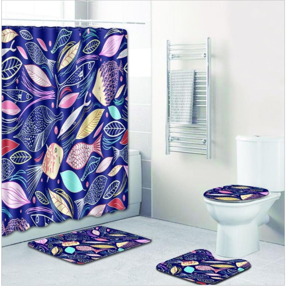 Bathroom Shower Curtains Toilet Cover Mat Non-Slip Rug Set Colorful