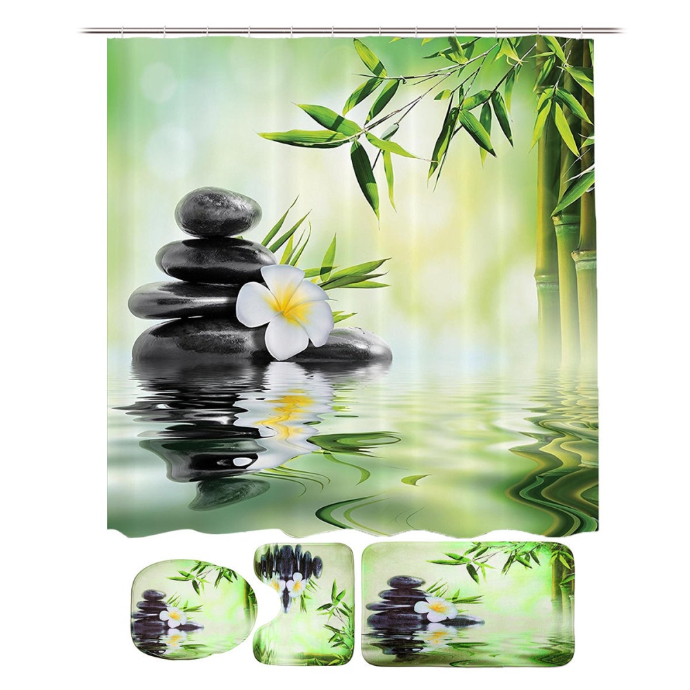 Bamboo Printing Waterproof Bathroom Shower Curtain Toilet Cover Mat Non-slip Carpet - .A