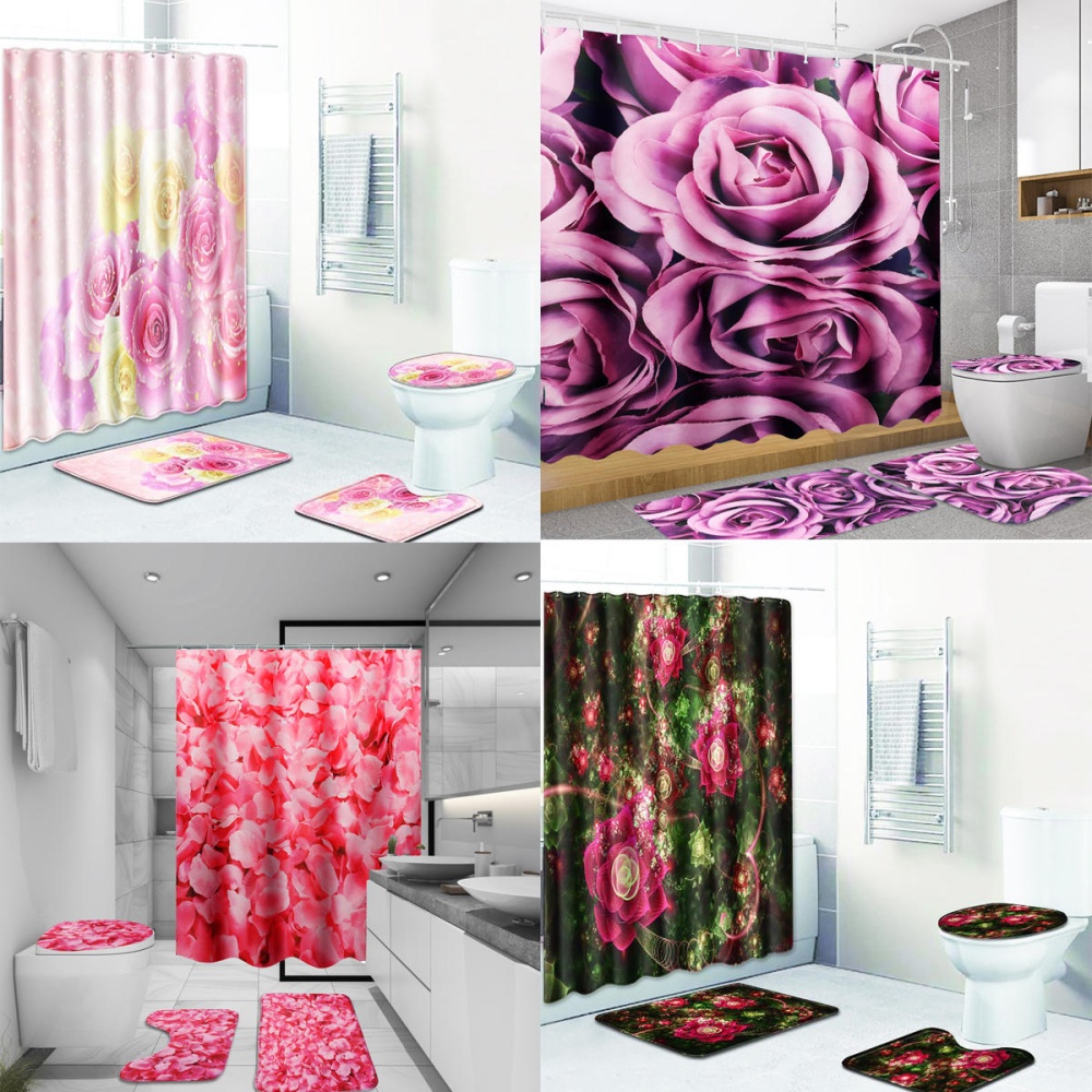 4Pcs/Set Bathroom Shower Curtain Set with Hooks Washable Toilet Seat Cover Pedestal Rug Lid Toilet - #08 - Image 2