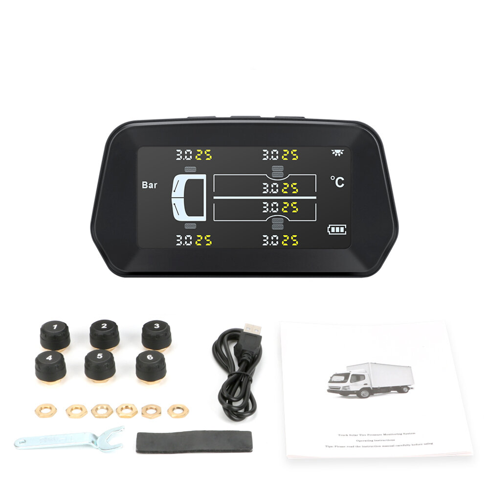 TPMS Solar Tire Pressure Monitor System Auto Power On Off with 6 External Sensors for Truck RV 6 Wheel Light Truck - 0-8Bar