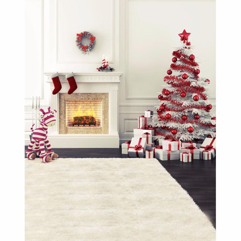 5x7FT Vinyl Christmas Tree Fireplace Stocking Photography Backdrop Background Studio Prop - Image 2