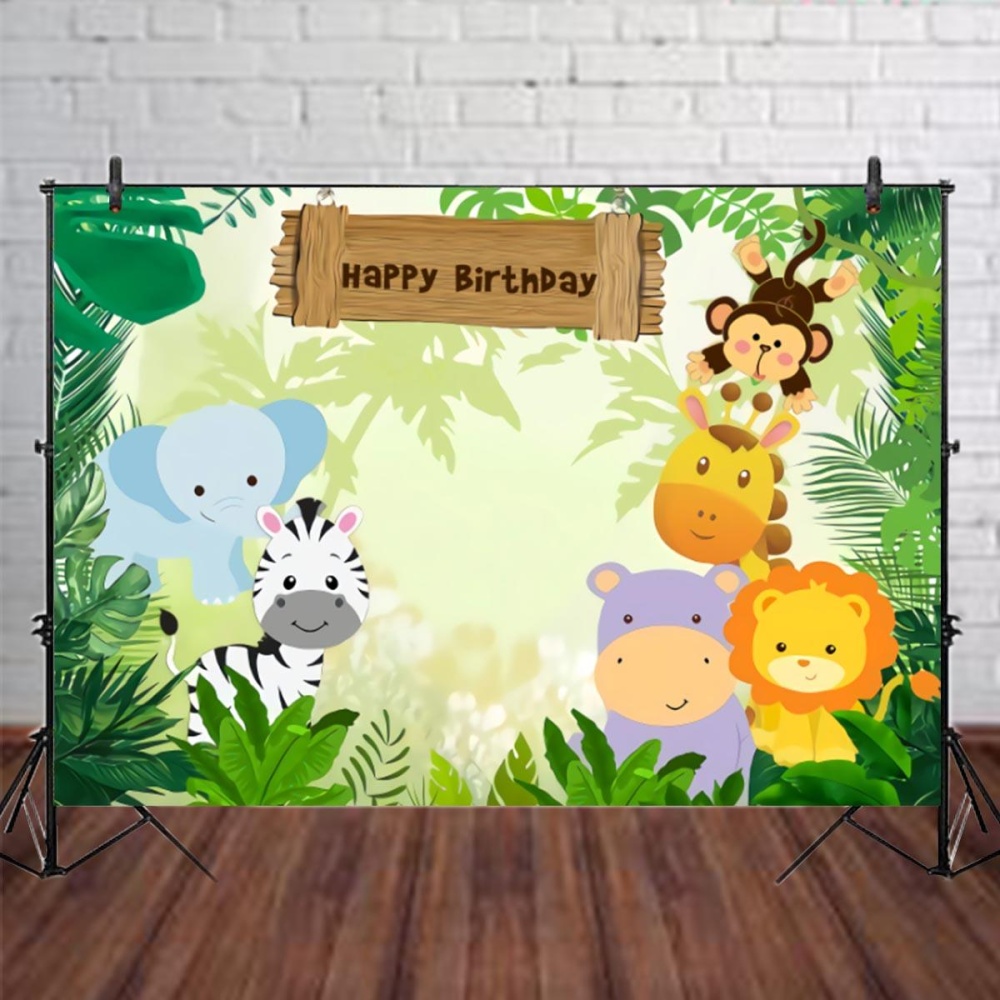 5x3FT 7x5FT 9x6FT Jungle Elephant Lion Happy Birthday Photography Backdrop Background Studio Prop - M - Image 2