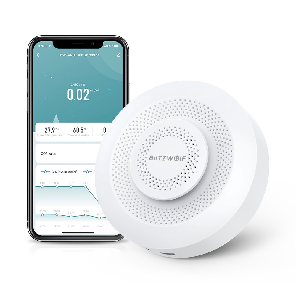 BlitzWolf® BW-AR01 WiFi Air Quality Monitor Temp And Humidity Air Detector Wireless Smoke CO2 Alarm APP Remote Control Smart Linkage Work With Smart