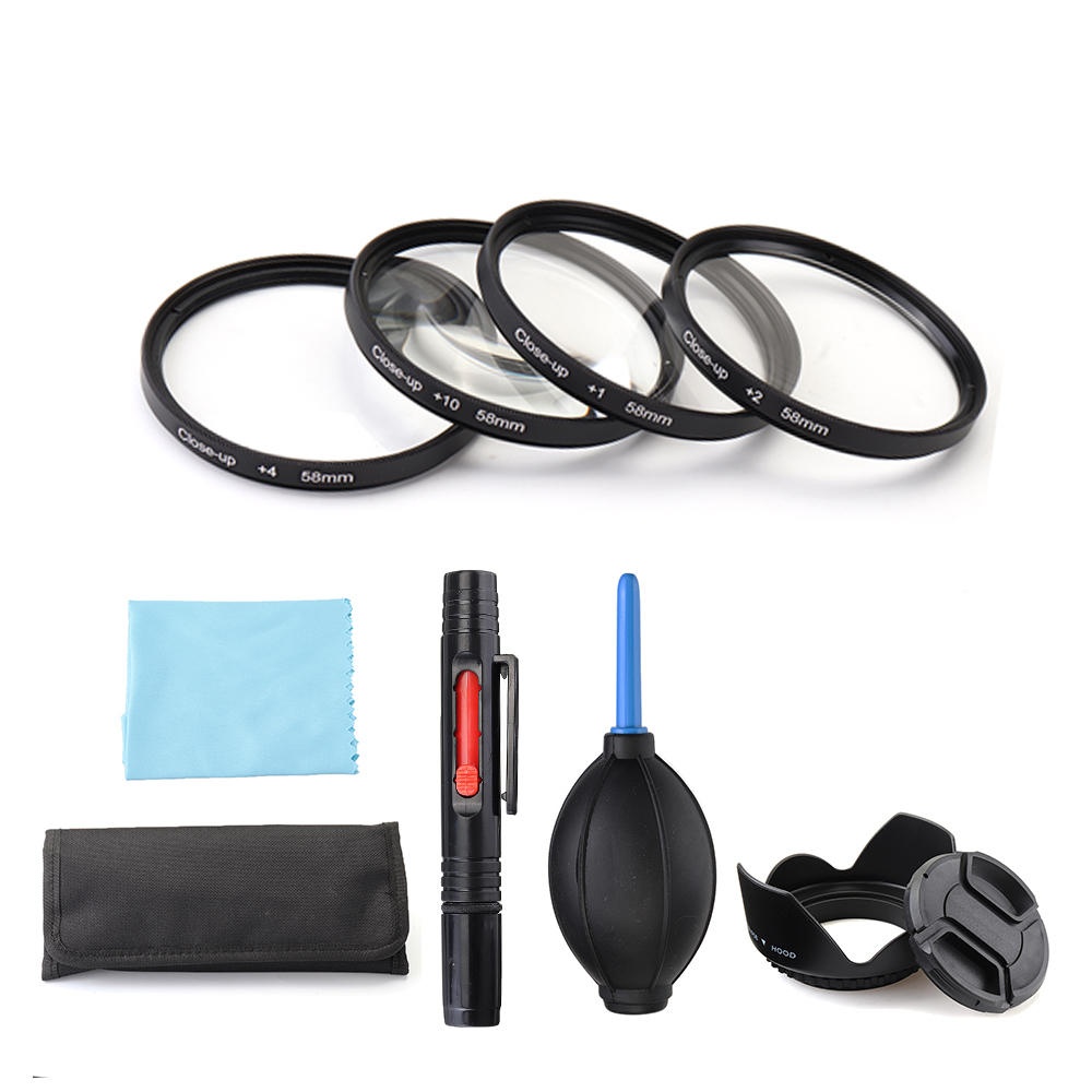 Close-up +1/+2/+4/+10 49/52/55/58/62/67/72/77mm Lens Filter Storage Bag Lens Hood Cap Blower Brush Kit Set - 55mm