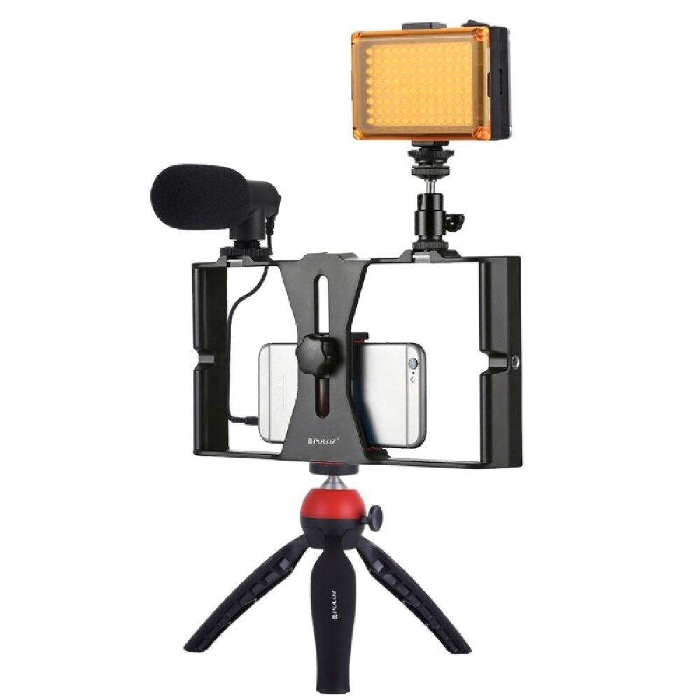 PULUZ PKT3023R 5 in 1 Vlogging Live Broadcast Smartphone Video Rig Kits with LED Video Light Microphone Tripod Mount Head Tripod - Red