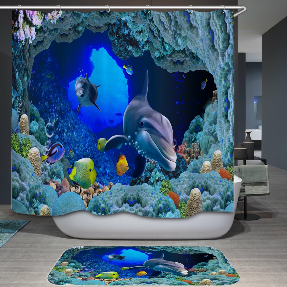 Ocean Sea Dolphin Swimming Decor Bath Shower Curtain Waterproof Non-Slip Rug Pedestal Rug Lid Toilet Cover Bath Mat Shower Curtains - #4 - Image 2