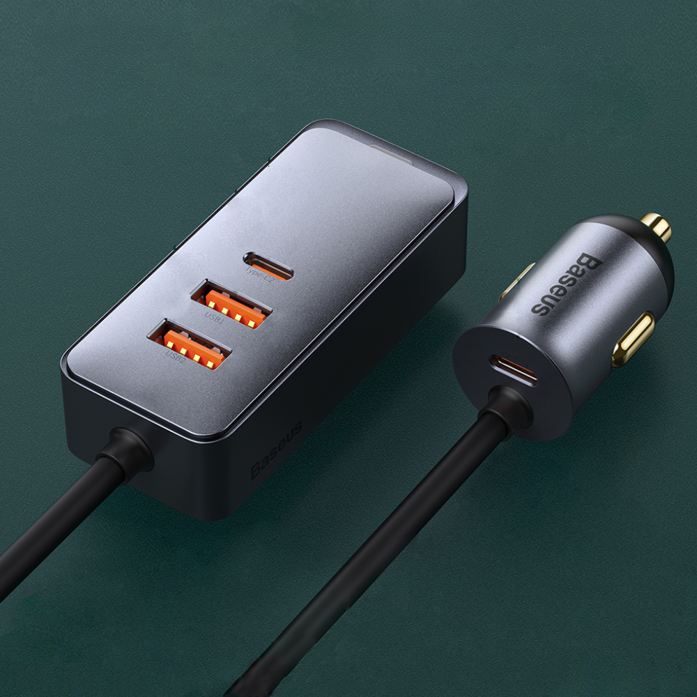 Baseus 120W PPS Multi-Port Fast Charging Car Charger With Extension Cord 3U+1C Gray