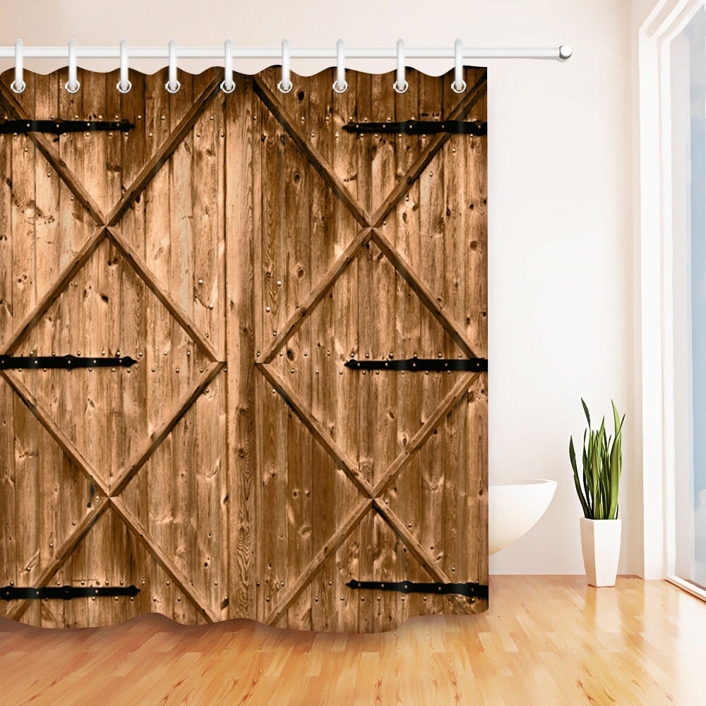 71" Creative Shower Curtain Rustic Nail Wood Barn Door Bathroom Decor Waterproof Fabric Curtain - Mats - Image 2