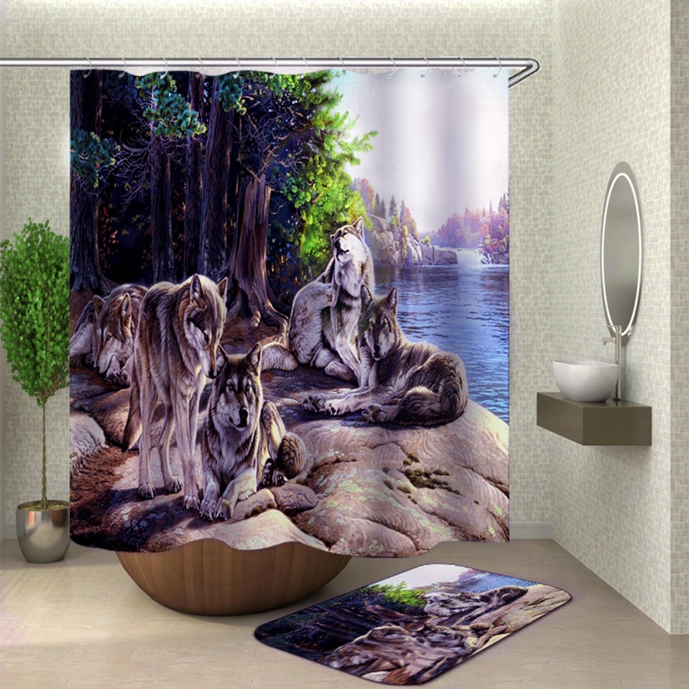 1/3/4 Pcs Lake Wolf Waterproof Shower Curtain Bathroom Toilet Cover Mat Set Non-Slip Pedestal Rug Kit - #3 - Image 2