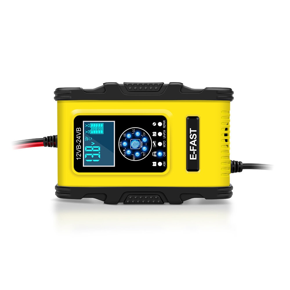 E-FAST 12V 24V 12A 6A Battery Charger 7-Stage Charging LCD Display Yellow for Motorcycle Car Gel AGM LiFePO4 Lead-Acid Battery - EU Plug - Image 2