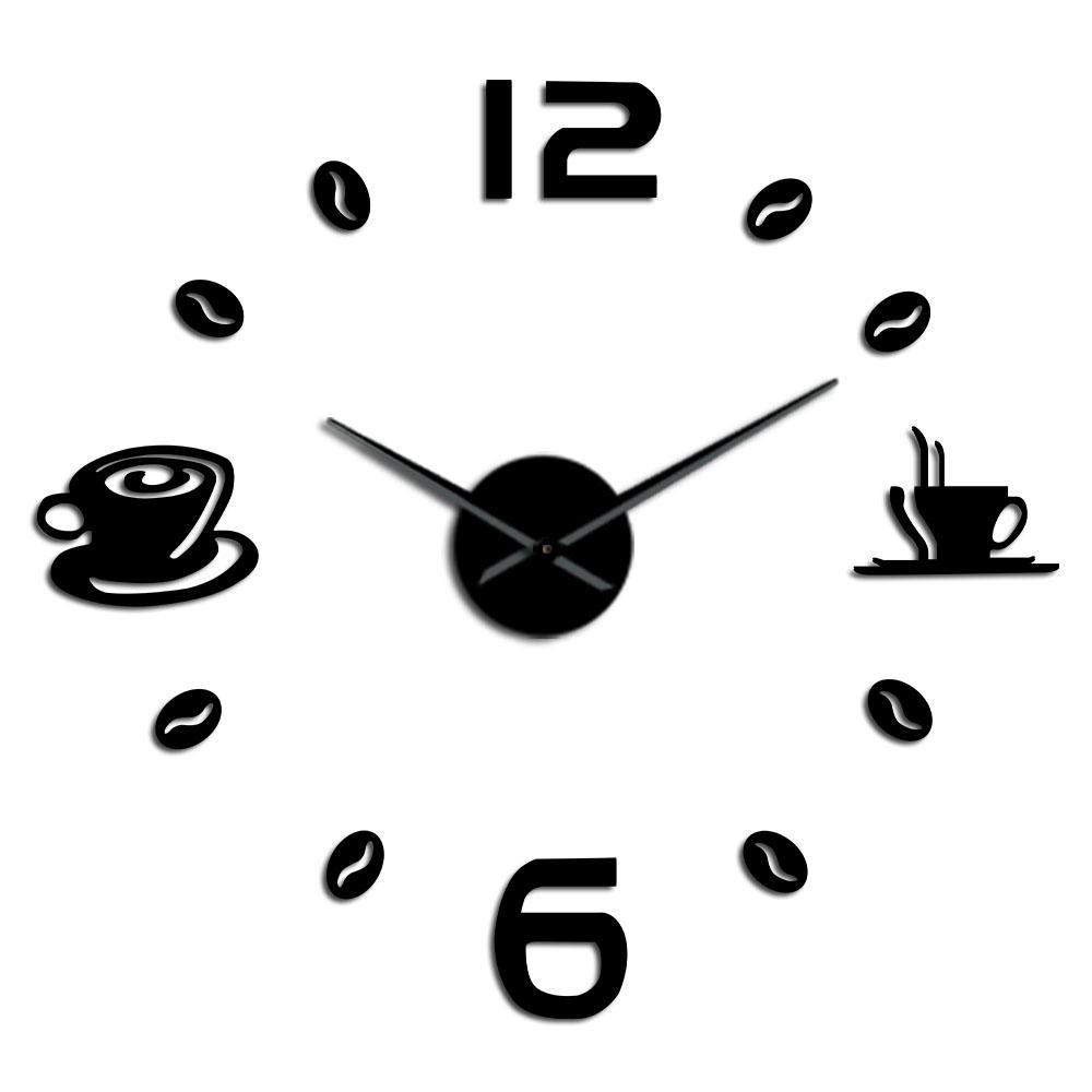 Cafe DIY Large Wall Clock Frameless Giant Wall Clock Modern Design Cafe Coffee Mug Coffee Bean Wall Decor Kitchen Wall Watch - Black 47 inch - Image 2