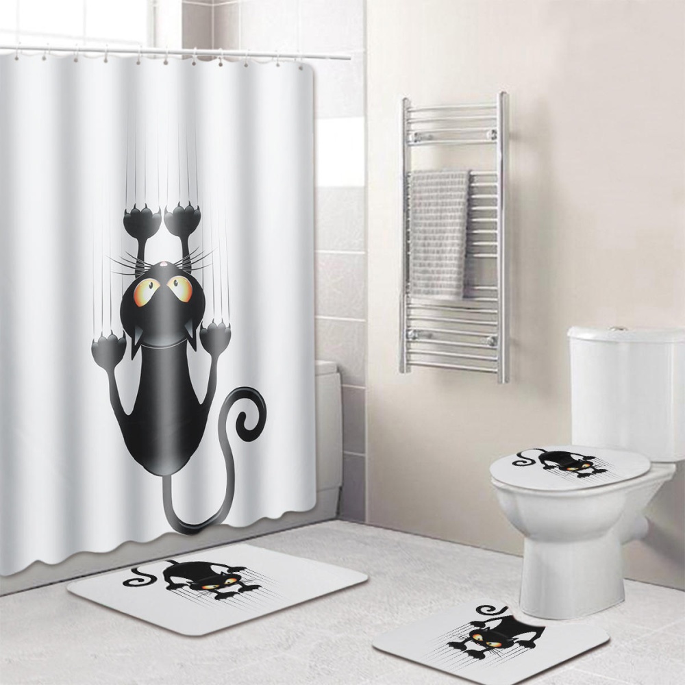 Cat Waterproof Polyester Shower Curtain Bathroom Bathmats Toilet Rugs Cover Mat - #1 - Image 2