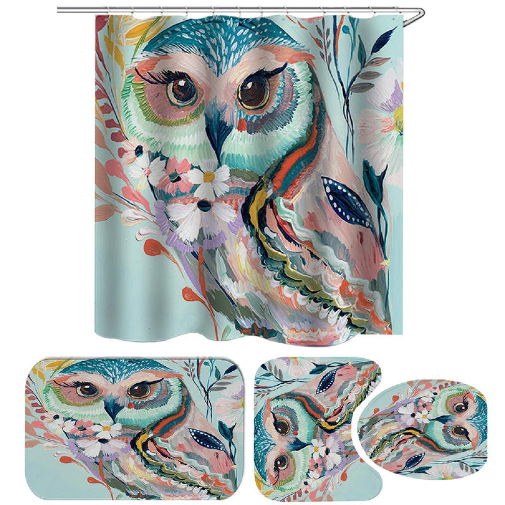 Owl Printed Shower Curtain Non-Slip Rug Three Set Bath Products Bathroom Decor with Hooks Waterproof - 180x180cm - Image 2