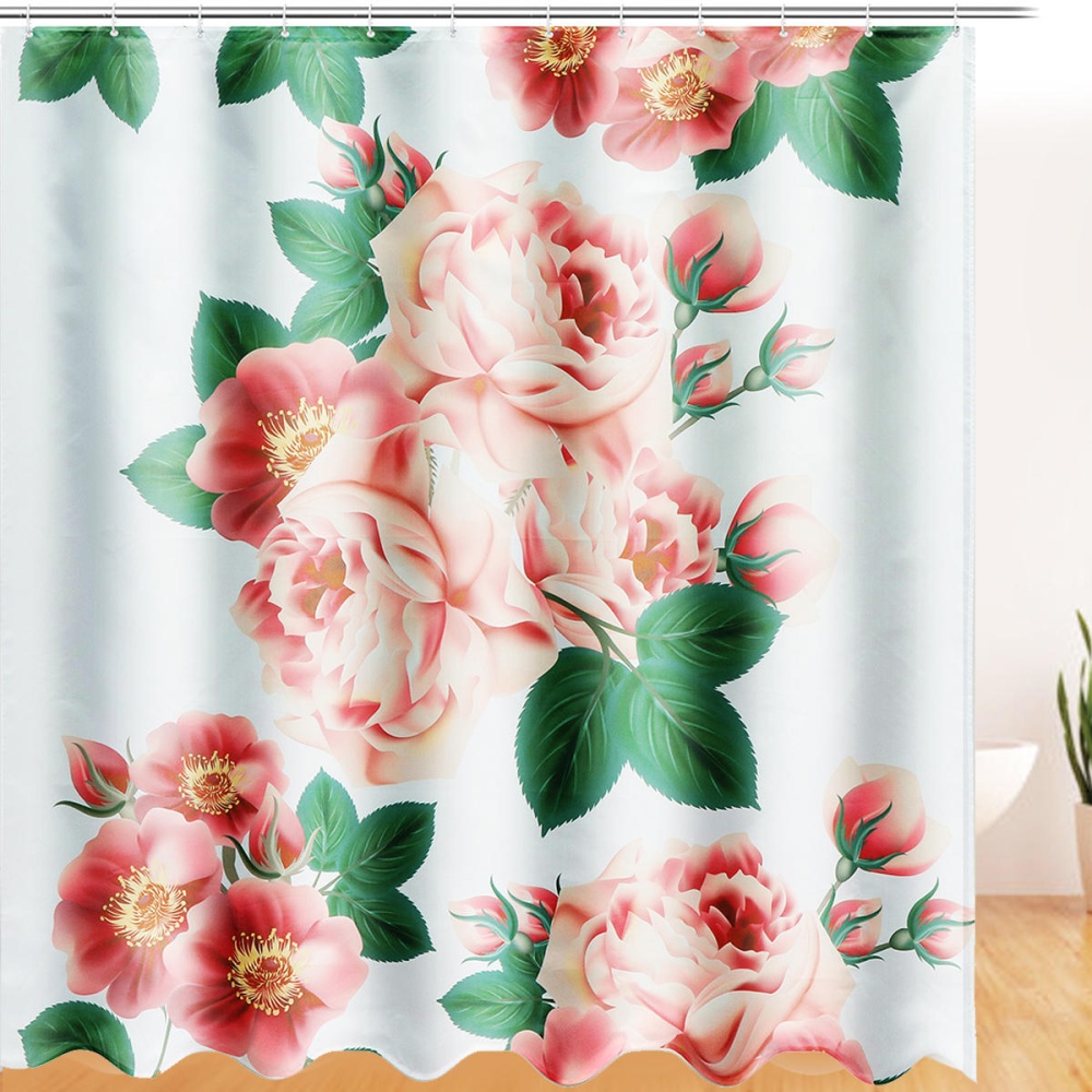 71''x71'' Long Peach Blossom Pattern Waterproof Polyester Shower Curtain with Hooks - Image 2