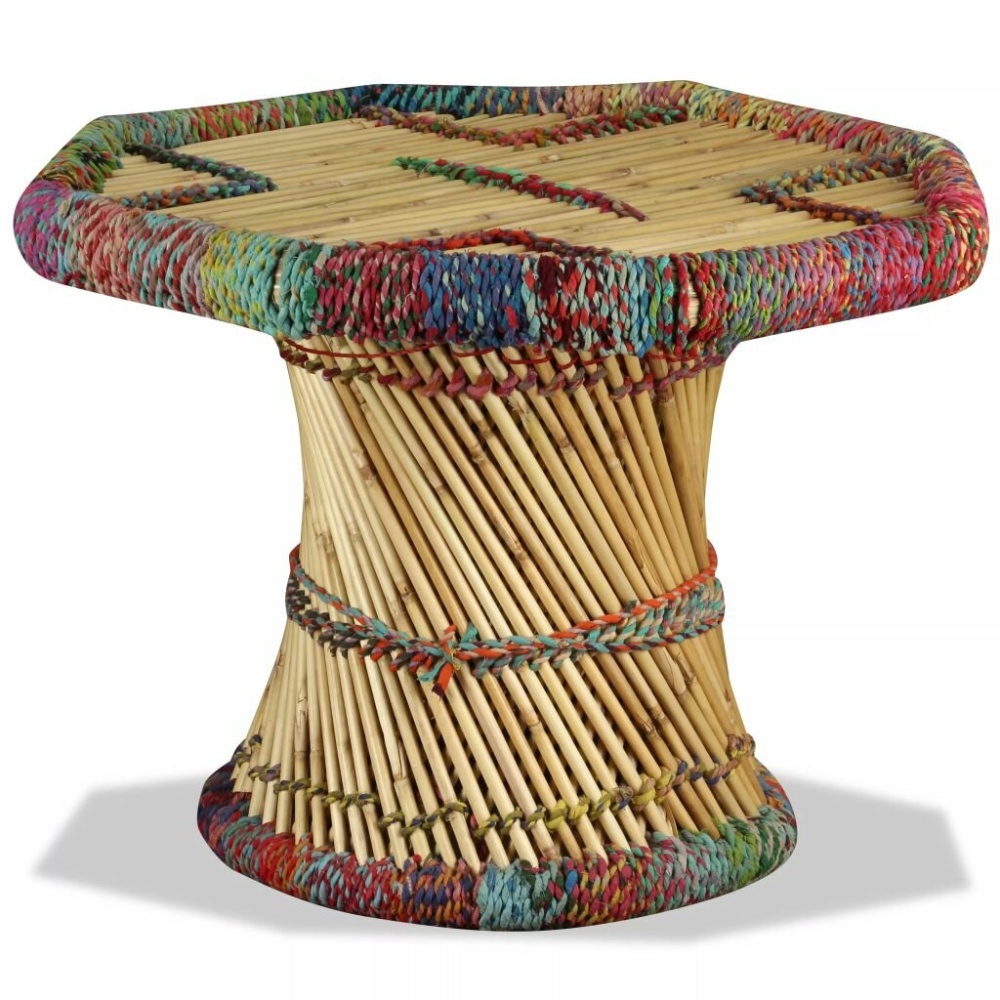 Coffee table octagonal with chindi details bamboo multicolour - Image 2