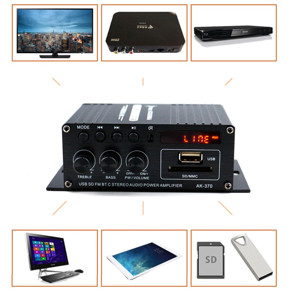 AK370 400W DC 12V / AC 220V Remote Control bluetooth HiFi Home car Stereo Amplifier Music Receiver FM Radio 20Hz-20KHz - Image 2