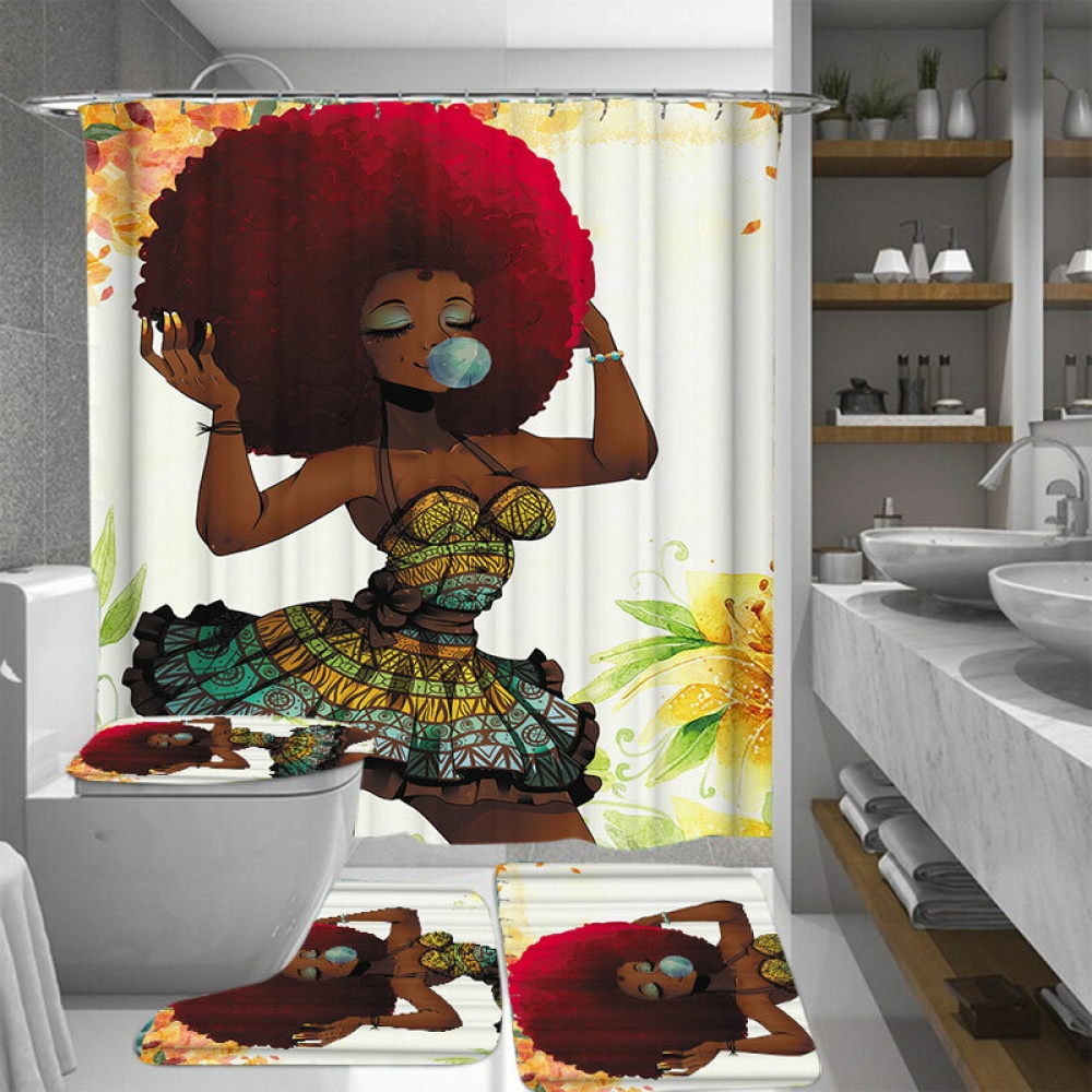 African Fashion Girl Printing Waterproof Bathroom Shower Curtain Toilet Cover Mat Non-Slip Rug Set - Red - Image 2