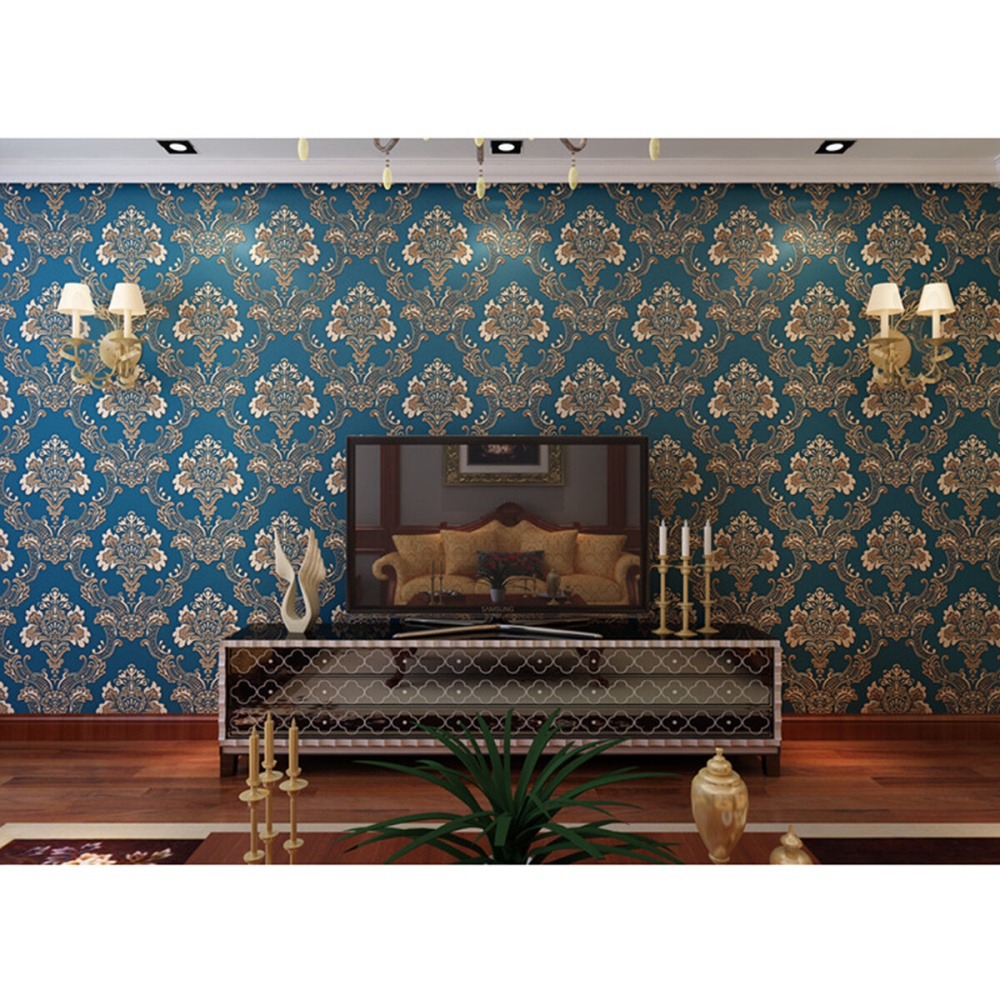 53cmx10M 3D Wallpaper Roll Non-woven European Gold Damask Embossed Textured - Blue - Image 2