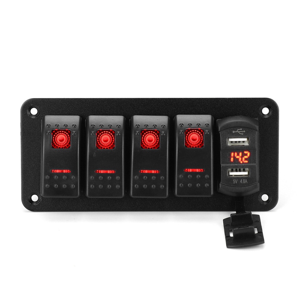 12V 24V ON OFF Toggle Rocker Switch LED Panel Dual USB Charger Voltmeter For Car Marine Boat - Red - Image 2