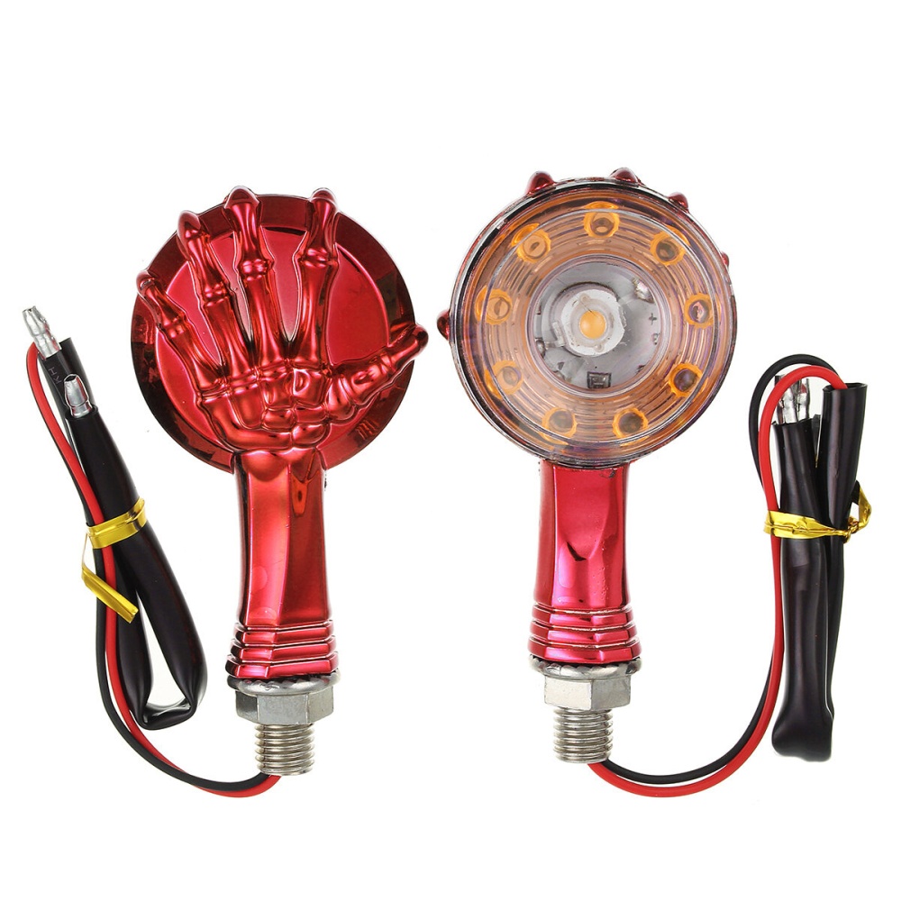 Pair Chrome Skull Skeleton LED Turn Signal Indicator Light For Davidson - Red