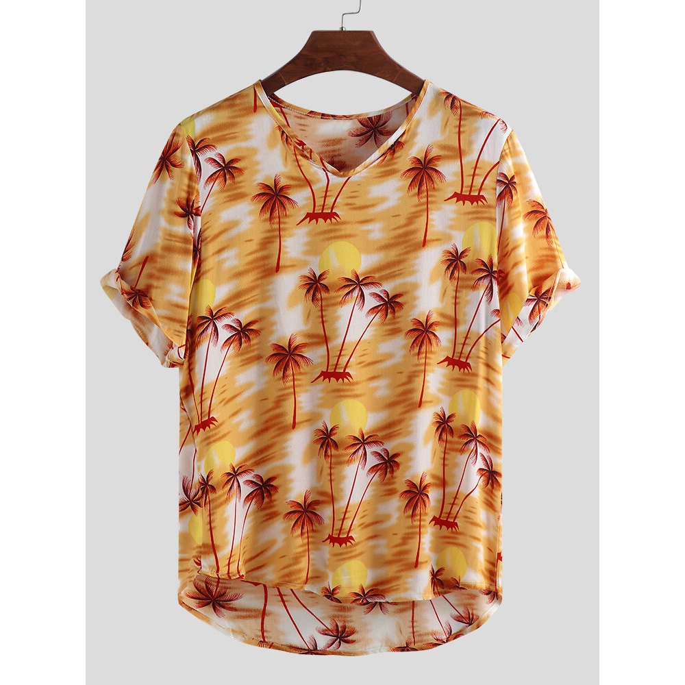 Mens Summer Maple Leaf Printing Breathable Short Sleeve Casual Shirts - 2XL Blue