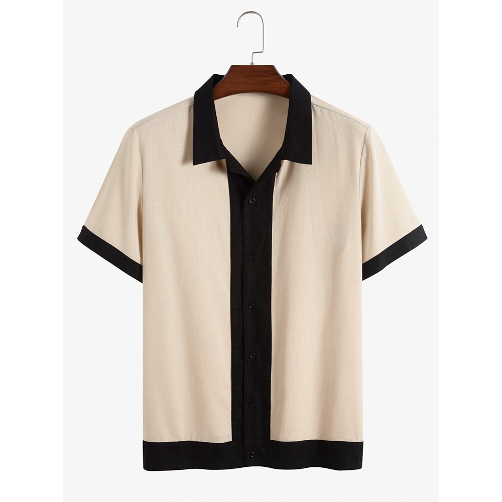 Mens Casual Color Block Loose Shirts - Khaki S