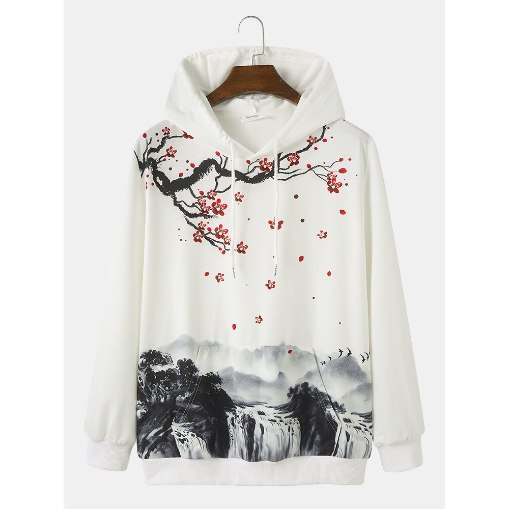 Mens Landscape Printed Drawstring Hoodies With Kangaroo Pocket - White M