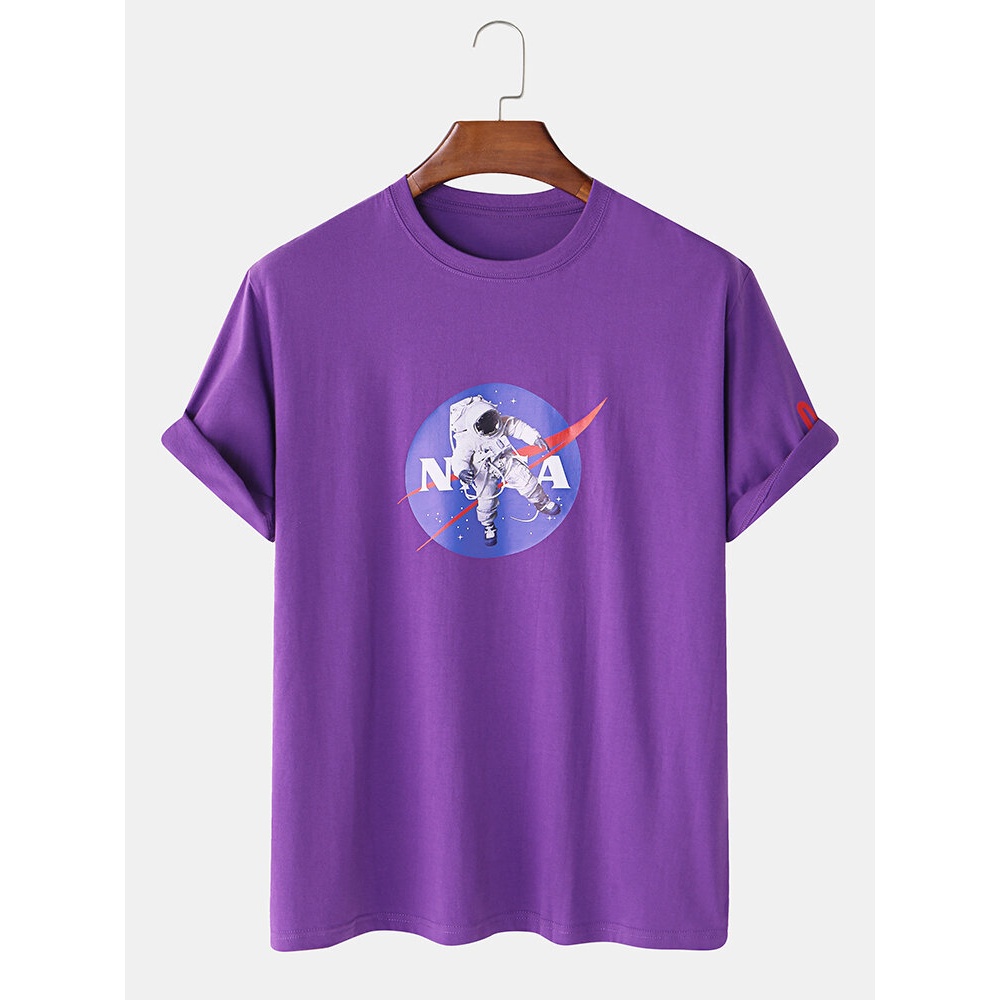 Mens Designer Astronaut License Breathable Crew Neck Short Sleeve T-Shirts - White S