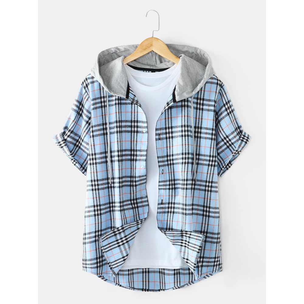 Mens Plaid Print Button Up Short Sleeve Casual Drawstring Hooded Shirts - Blue XL