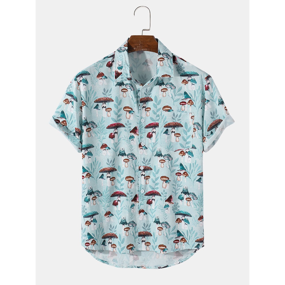Mens Funny Mushroom Cartoon Casual Shirts - Light Blue S