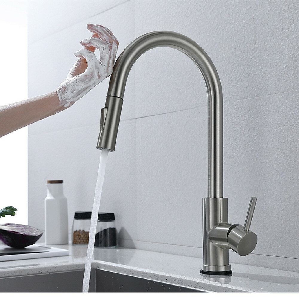 Brushed Nickel Stainless Steel Kitchen Sink Faucets Mixer 360 ° Rotation Smart Touch Sensor Pull Out Hot Cold Water Mixer Tap Crane - Image 2