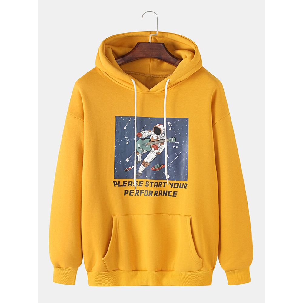 Mens Funny Astronaut & Letter Print Kangaroo Pocket Drop Shoulder Long Sleeve Cotton Hoodies - Grey M